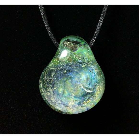 Artisan Jewelry - One of a Kind Hand Blown Art Glass Pendant Green Aqua Swirl 1.5"